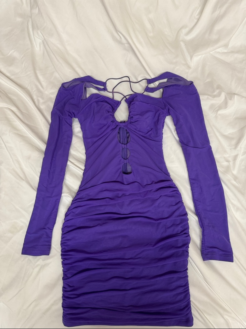 Purple Long Sleeve Ruched Cutout Bodycon Dress